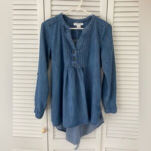 Women's Motherhood Maternity Soft Blue Denim Pullover Roll Sleeve Blouse Medium
